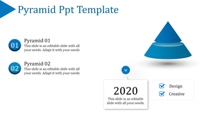 Blue themed pyramid PowerPoint template with a two layer pyramid graphic, numbered sections, and a 2020 highlight.