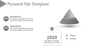 Minimalistic gray pyramid diagram, two levels, paired with descriptive text boxes and year 2020 design elements.