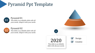 3D pyramid diagram in blue and orange tones, paired with numbered descriptions, a 2020 label, and design-themed checkboxes.
