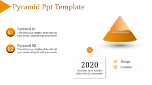 Orange pyramid template with two layers, labeled 01 and 02, alongside a 2020 label with checklist elements.