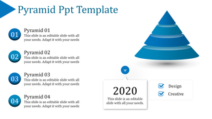 Four step blue pyramid presentation featuring captions for each level and a prominent 2020 label with design elements.