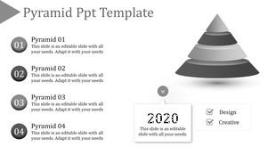 Gray themed pyramid PowerPoint template with four layers, numbered sections, and a 2020 design highlight.