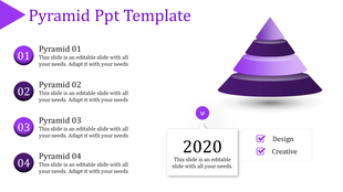 Purple pyramid template with four layers paired with numbered descriptive captions 01 to 04 and a 2020 label.
