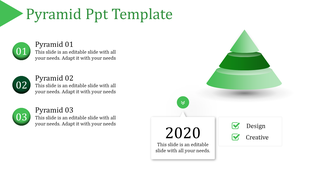 Stylized green pyramid diagram paired with three stepwise captions and creative design elements on a clean layout.