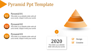 Pyramid themed slide with three labeled sections, content, and a 3D orange pyramid graphic on the right.