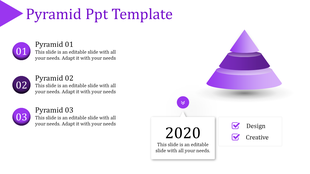 Purple 3D pyramid with three layers and numbered captions on the left, with additional creative details at the bottom.