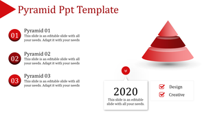 Red themed Pyramid PowerPoint template featuring a three layer pyramid graphic with numbered sections and text.