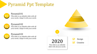 Yellow themed Pyramid PowerPoint template featuring a three layered gradient pyramid with numbered sections and text.