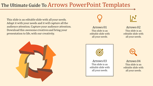 PowerPoint template with arrows and icons for different stages, representing ideas, growth, targets, and analysis.
