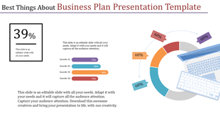 Infographic slide with a pie chart, bar graphs in purple, teal, orange, and red, and paired with keyboard illustration.
