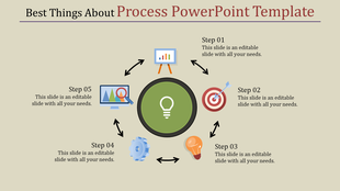 Process diagram PPT slide with steps connected in a circular flow, featuring icons for analysis, goals, and creativity.