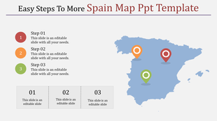 Spain map PowerPoint template with three colorful location markers for steps 1 to 3 with placeholder text.