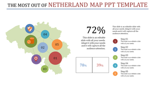 Netherlands map PPT slide with five colored icons marking different regions and progress bars showing percentage data.