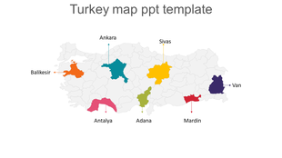 Map of Turkey with six regions highlighted in different colors, each marked with a label and arrow.