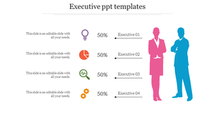 Executive PPT slide with four sections, each showing an icon and title with two figures in the background.