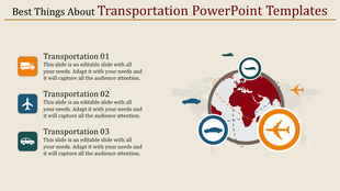 Slide featuring a map themed red globe with three colorful transportation icons, and text sections on a beige background.