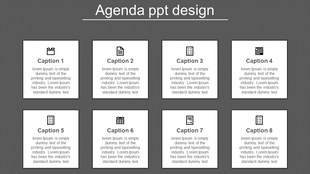 Agenda PowerPoint slide design featuring eight square sections with captions and icons on a dark background.