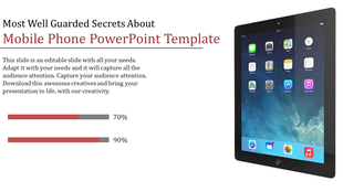 Slide features a black tablet with app icons on the right, progress bars with red fill, and centered descriptive text.