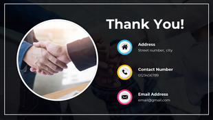 Dark background with a handshake in a white circle, featuring text icons in blue, yellow, and pink, with message.