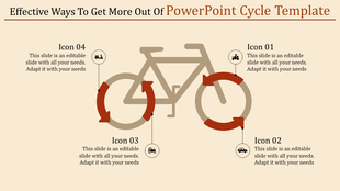 A creative cycle PPT template with icons representing a bike, car, and different circular arrows with placeholder text.