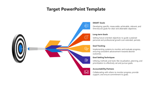 A target PowerPoint template displaying goal setting strategies with colorful arrows and associated descriptions.