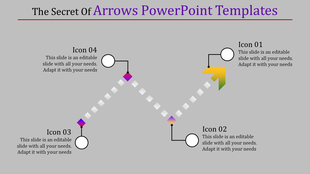 Grey background with a zigzag arrow path, featuring circular icons and explanatory text at four points.