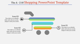 Shopping themed lide with a gradient colored cart illustration and three icons connected by lines.