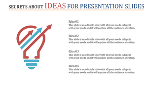 Slide with a red and blue lightbulb graphic incorporating upward arrows, paired with four text sections on the right.