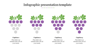 Slide featuring four grape graphics with green leaves and progressive purple shading, paired with descriptive captions.