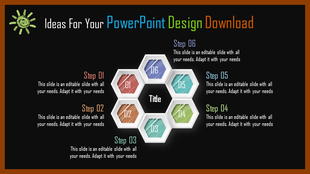 Hexagonal PowerPoint design with six colorful steps encircling a central title area against a dark background.