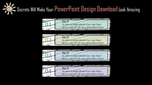 Step by step PowerPoint design template with colorful numbered banners on a black background for creative presentations.