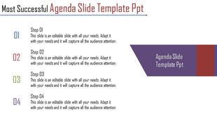 Agenda PPT slide with four numbered steps, each accompanied by text and a title block on the right.