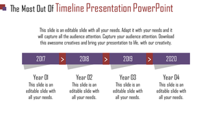 Timeline slide with years 2017 to 2020, in purple banners, red arrows, and text boxes below on a white background.