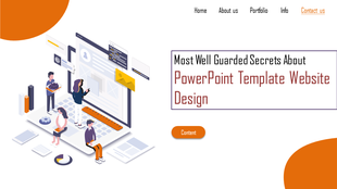 Website slide with white background, featuring orange accents, and isometric illustration of people working on a laptop.