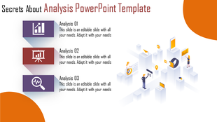 Analysis PowerPoint template with three sections, icons, and isometric graphics depicting data and technology elements.