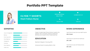 Portfolio PowerPoint template featuring a profile summary, skills chart, career objective, education, and work experience.