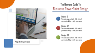 Business slide with a laptop displaying charts image, bold title and three design options on the right.