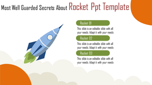Rocket themed PowerPoint slide with sections for text, featuring a blue rocket launching amidst clouds and orange accents.