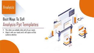 Analysis template showing an isometric workspace with figures examining charts and dashboards.