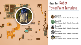 Robot-themed slide with circuit board background and central robot image in a circular frame, listing robot types.