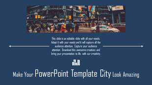 Slide with a city street photo at the top, featuring centered text block, on a blue background with directional arrows.