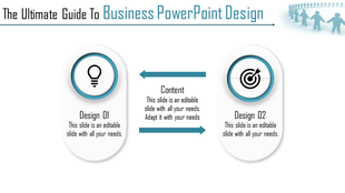 Business slide with two rounded rectangles, featuring blue accents and icons connected by arrows on a white background.