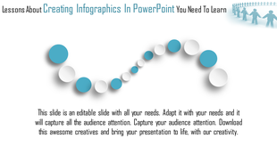 Infographic design with alternating blue and white circular elements arranged in a wave like pattern on a light background.