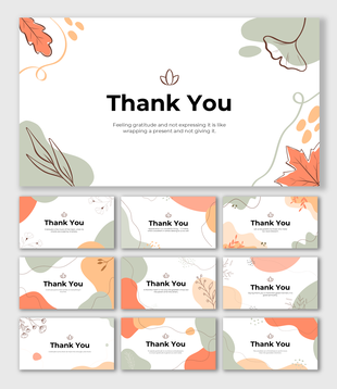 Minimalist thank you slide with gratitude message at center, adorned with colorful autumn leaves & pastel color accents.