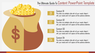 Illustration of a money bag with gold coins, and four numbered content list on a clean background.