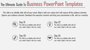 Business slide with four numbered steps, each with icons and descriptions, on a white background.