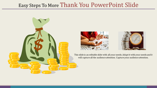 Thank you slide featuring a money bag with gold coins, two photos of stacked coins, on a beige background.