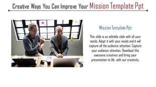 Slide displaying a mission template with a focus on collaboration, featuring a business meeting scene.