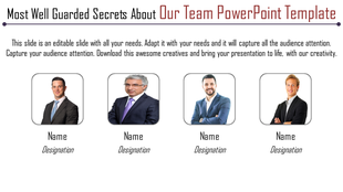 Team introduction slide featuring four portraits with names and designations, alongside a title and descriptive text.