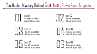 Content PowerPoint template showcasing six numbered sections with text and icons.
